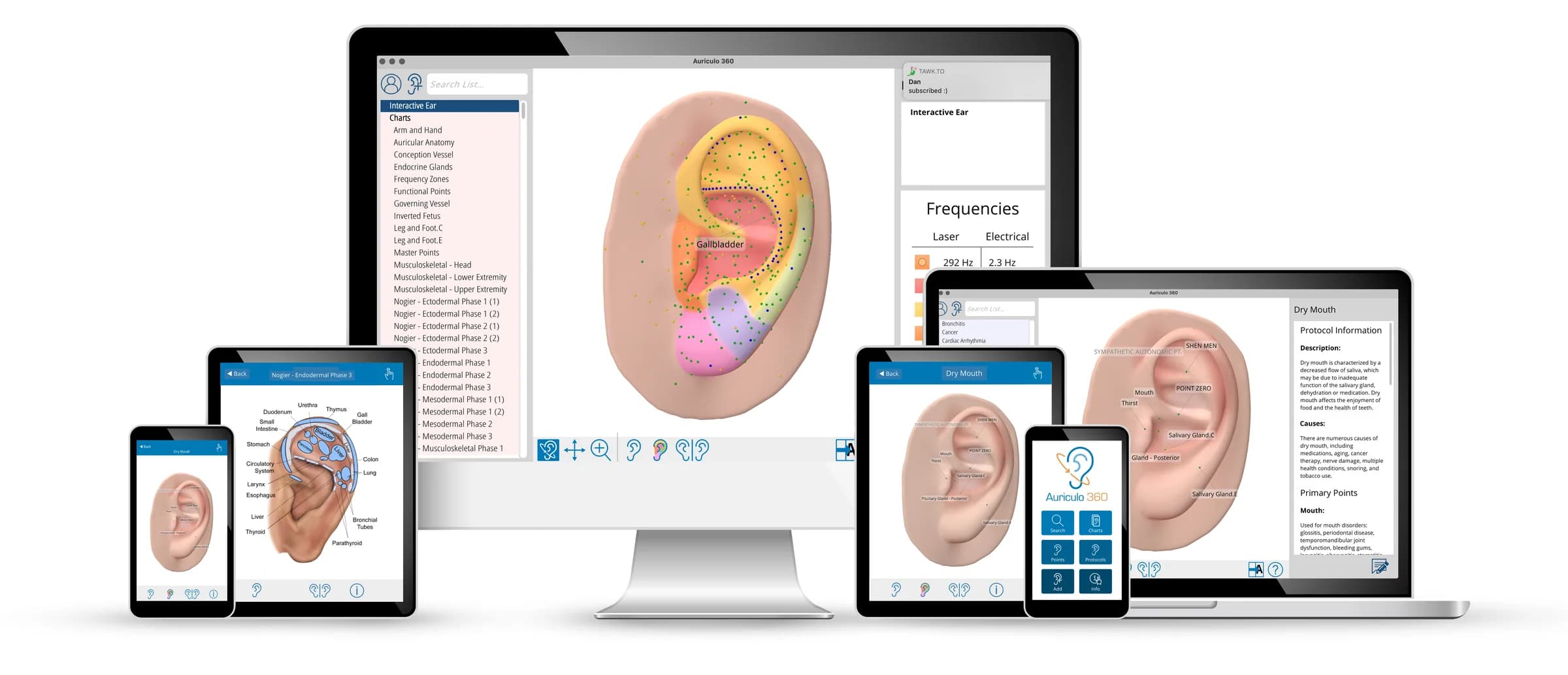 Auriculo 360 on phone, tablet, desktop, and laptop, showing the 3D ear and a protocol view.